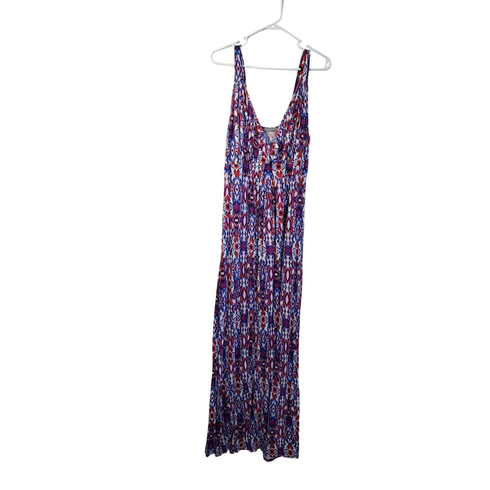 Loveappella Maxi Dress Geometric Ikat Print Red Blue Purple V Neckβ Sleeveless